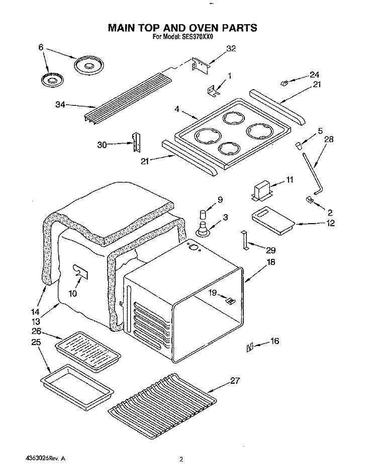 MAINTOP AND OVEN Diagram and Parts List for SES370XX0  Roper Range