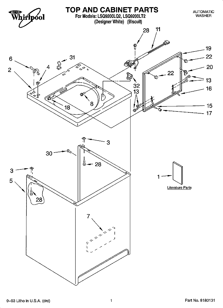 TOP AND CABINET PARTS Diagram and Parts List for LSQ9200LT2  Whirlpool Washer