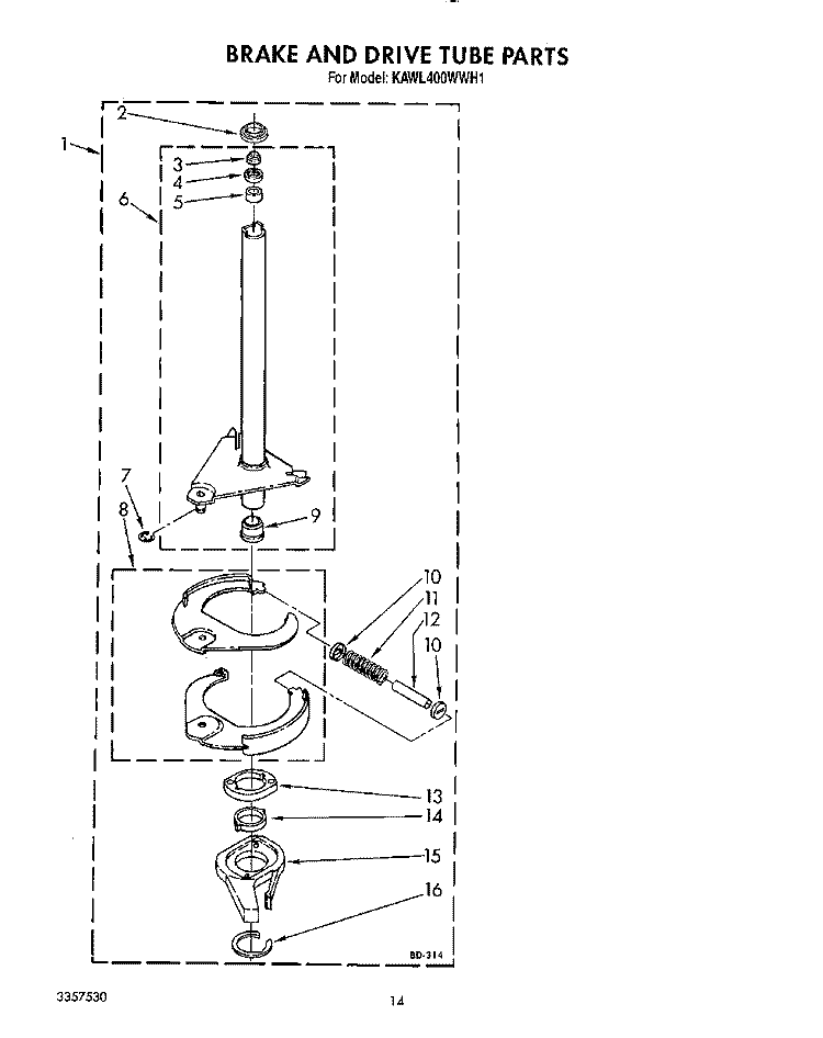 BRAKE AND DRIVE TUBE Diagram and Parts List for KAWL400WWH1  KitchenAid Washer