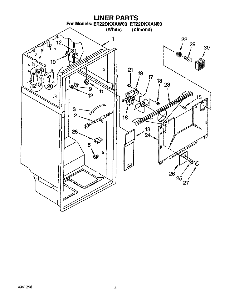 LINER Diagram and Parts List for ET22DKXAW00  Whirlpool Refrigerator