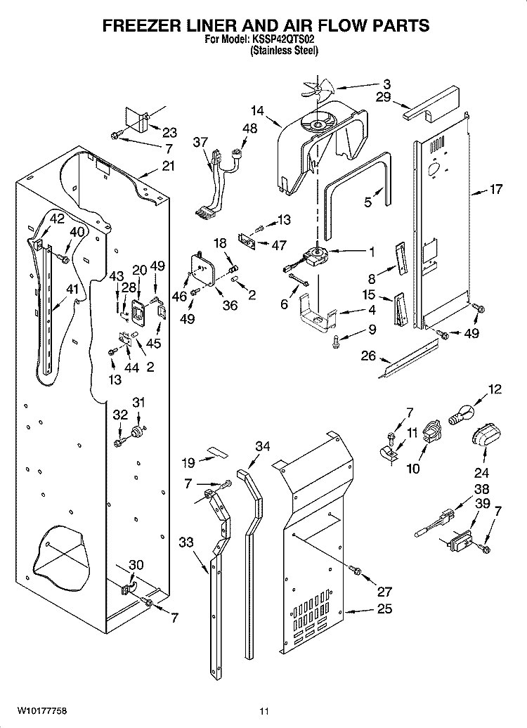 FREEZER LINER AND AIR FLOW PARTS Diagram and Parts List for KSSP42QTS02  KitchenAid Refrigerator