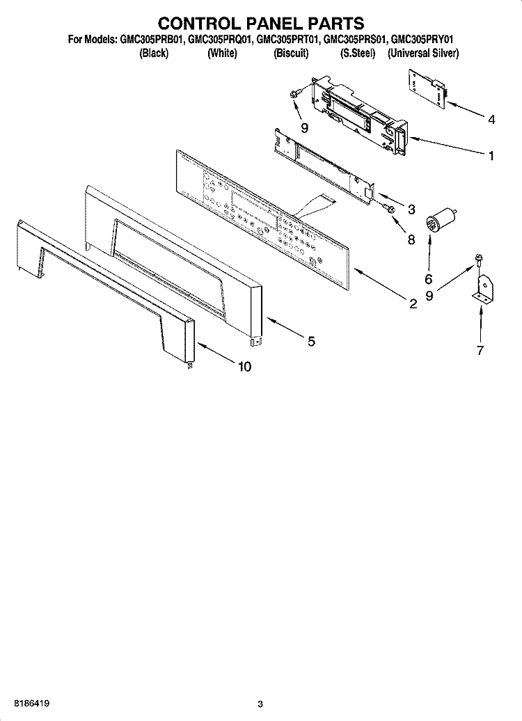 CONTROL PANEL PARTS Diagram and Parts List for GMC305PRS01  Whirlpool Microwave Oven Combo