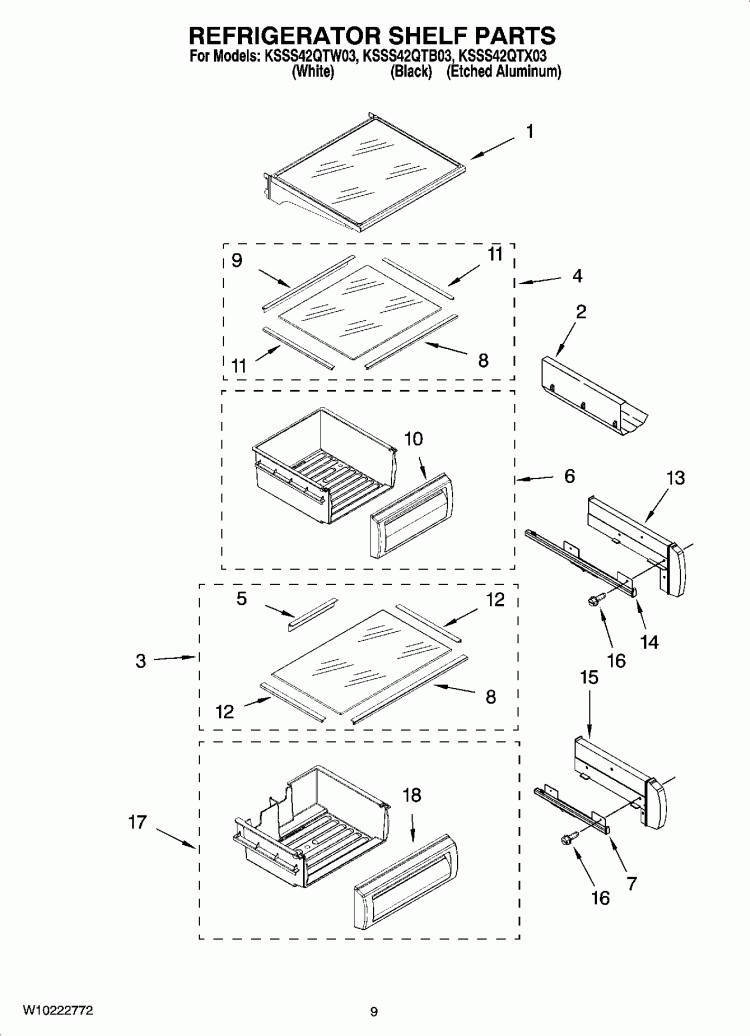 REFRIGERATOR SHELF PARTS Diagram and Parts List for KSSS42QTX03  KitchenAid Refrigerator