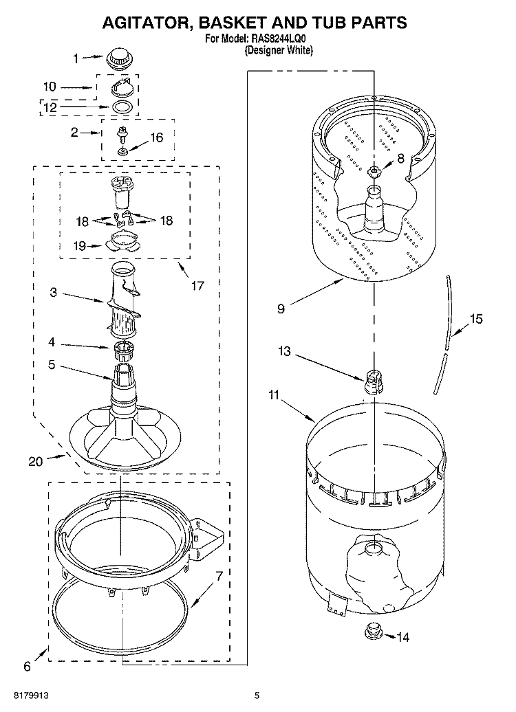 AGITATOR, BASKET AND TUB PARTS Diagram and Parts List for RAS8244LQ0  Roper Washer