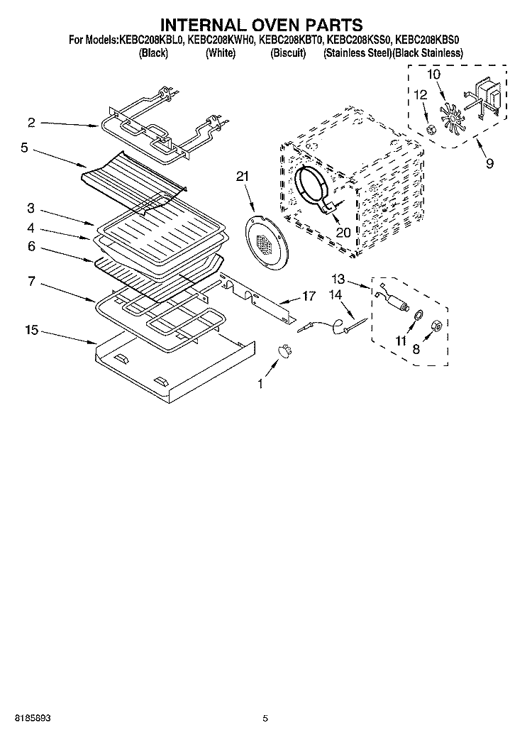 INTERNAL OVEN Diagram and Parts List for KEBC208KSS0  KitchenAid Wall Oven
