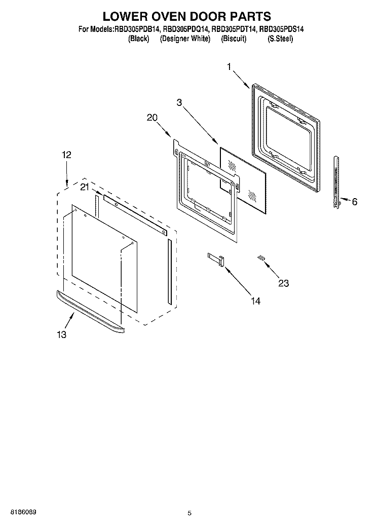 LOWER OVEN DOOR PARTS Diagram and Parts List for RBD305PDS14  Whirlpool Wall Oven