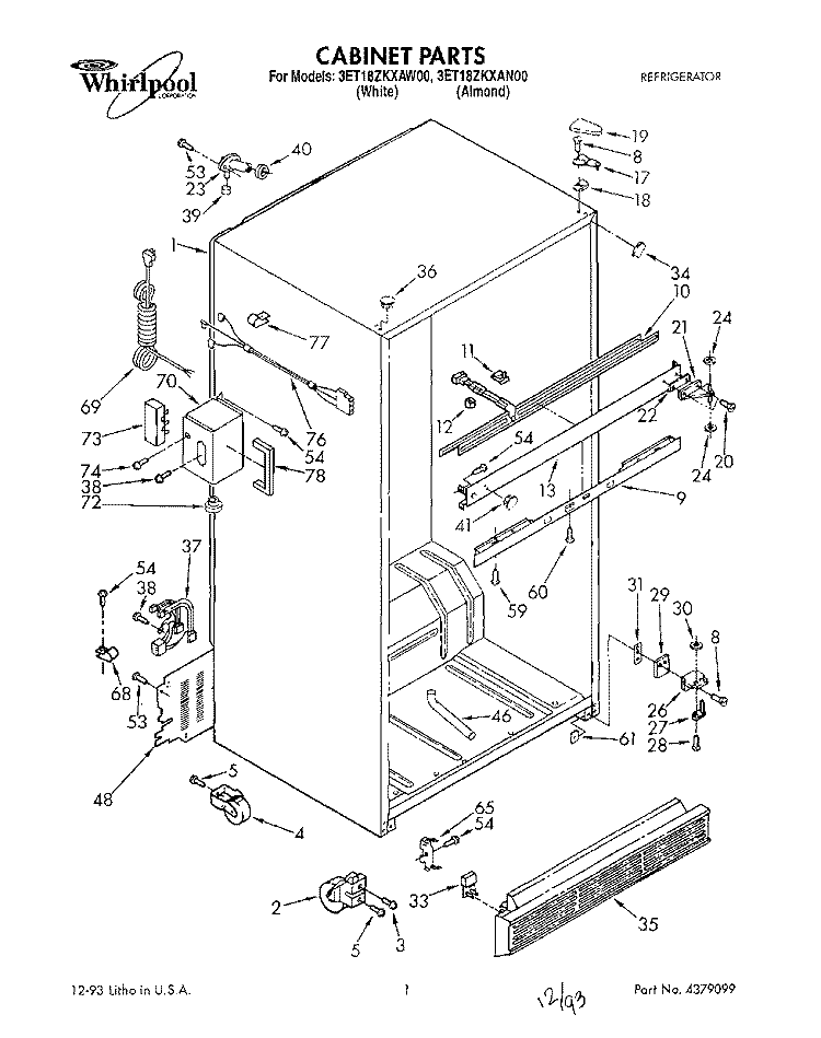 CABINET Diagram and Parts List for 3ET18ZKXAN00  Whirlpool Refrigerator