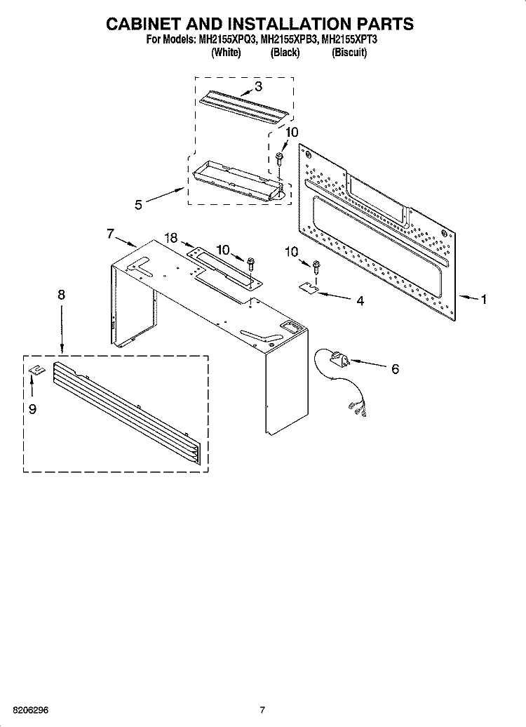 CABINET AND INSTALLATION PARTS Diagram and Parts List for MH2155XPQ3  Whirlpool Microwave