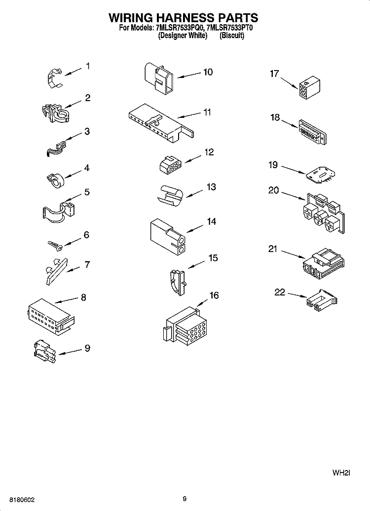 WIRING HARNESS PARTS Diagram and Parts List for 7MLSR7533PT0  Whirlpool Washer