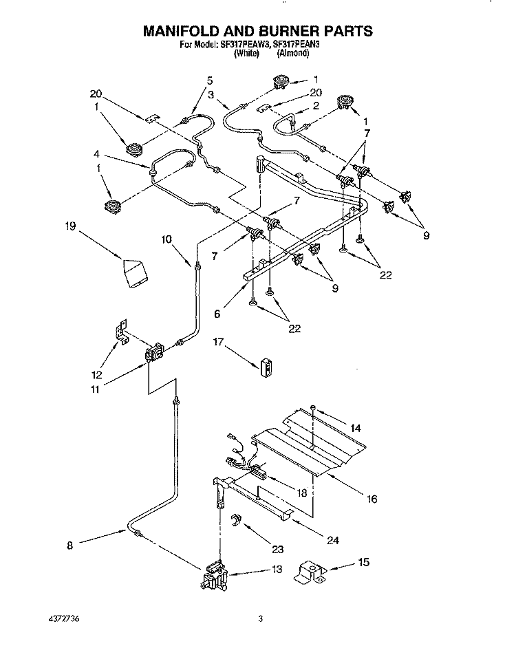 MANIFOLD AND BURNER Diagram and Parts List for SF317PEAN3  Whirlpool Range
