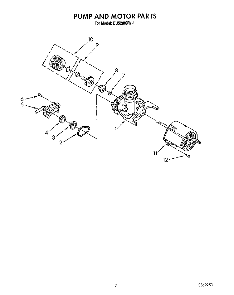 PUMP AND MOTOR Diagram and Parts List for DU5200XW1  Whirlpool Dishwasher