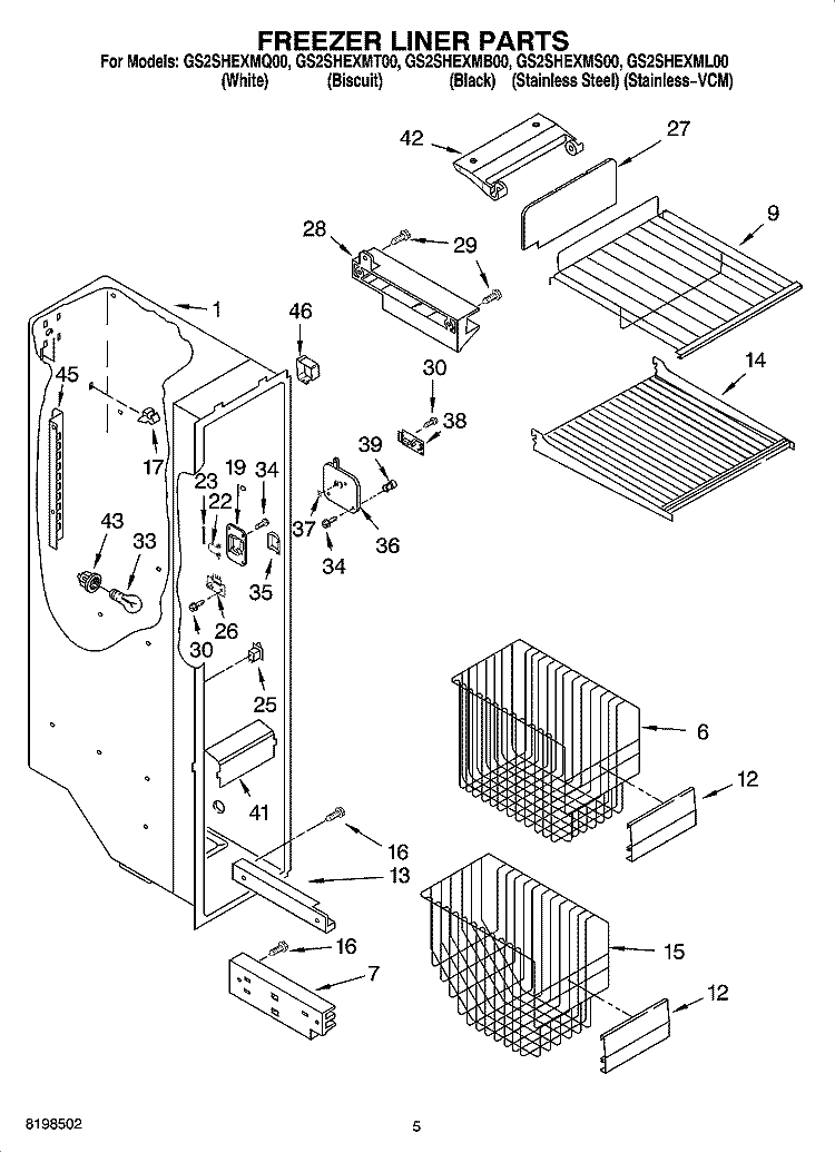 FREEZER LINER PARTS Diagram and Parts List for GS2SHEXML00  Whirlpool Refrigerator