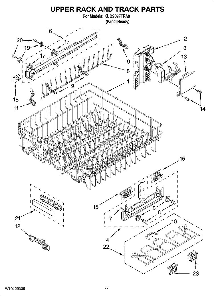 UPPER RACK AND TRACK PARTS Diagram and Parts List for KUDS03FTPA0  KitchenAid Dishwasher