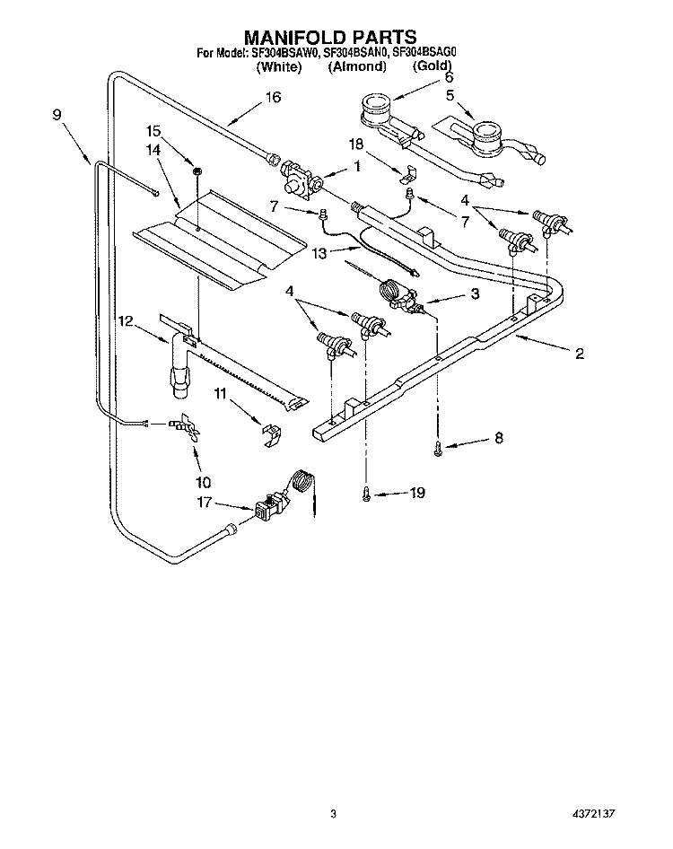 MANIFOLD Diagram and Parts List for SF304BSAG0  Whirlpool Range