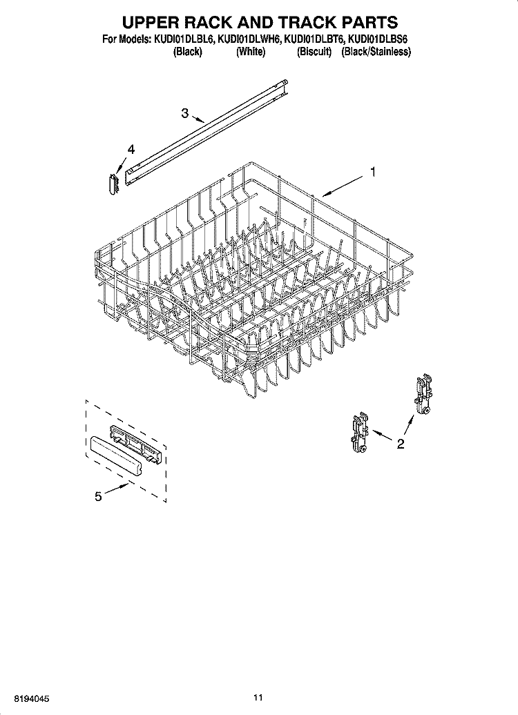 UPPER RACK AND TRACK PARTS Diagram and Parts List for KUDI01DLBS6  KitchenAid Dishwasher