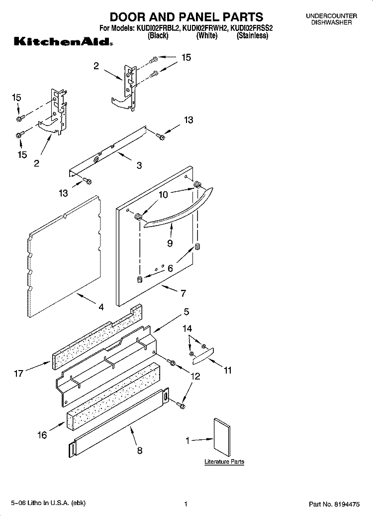 DOOR AND PANEL PARTS Diagram and Parts List for KUDI02FRBL2  KitchenAid Dishwasher