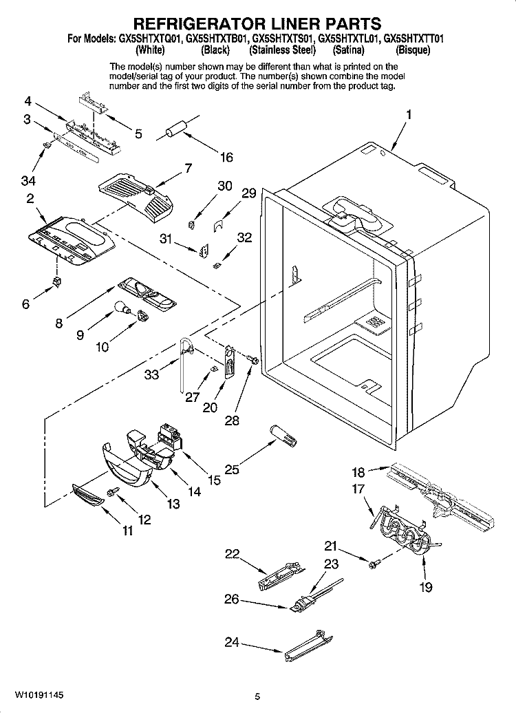 REFRIGERATOR LINER PARTS Diagram and Parts List for GX5SHTXTB01  Whirlpool Refrigerator