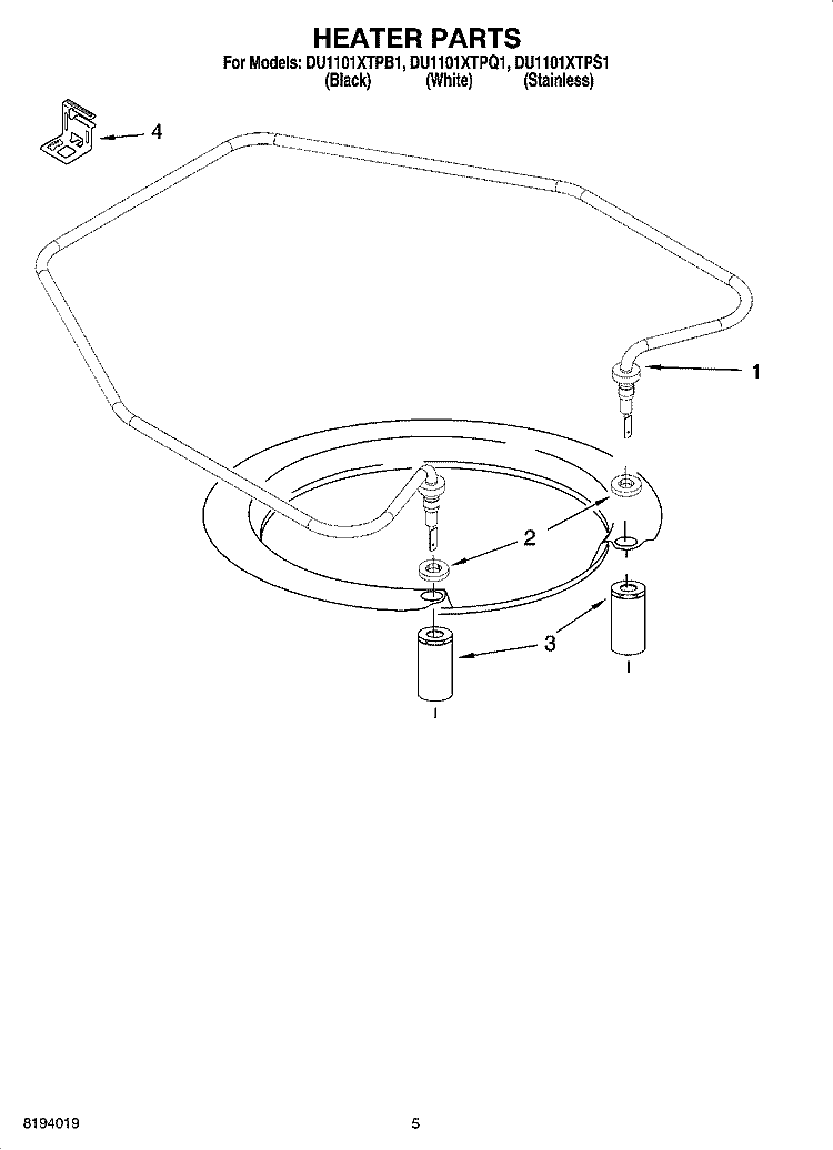 HEATER PARTS Diagram and Parts List for DU1101XTPB1  Whirlpool Dishwasher