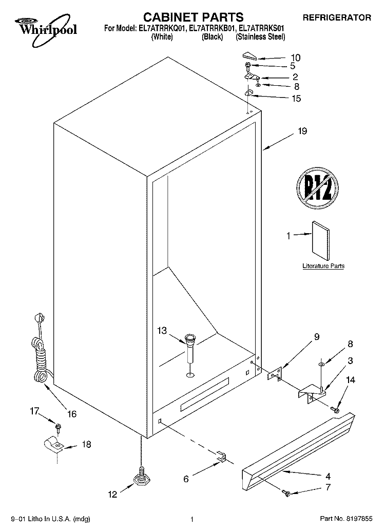 CABINET, LITERATURE Diagram and Parts List for EL7ATRRKS01  Whirlpool Refrigerator
