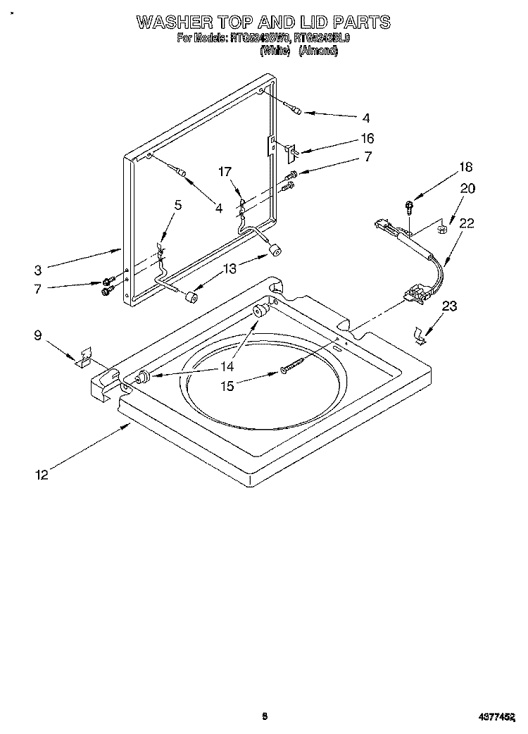 WASHER TOP AND LID Diagram and Parts List for RTG5243BL0  Roper Washer Dryer Combo