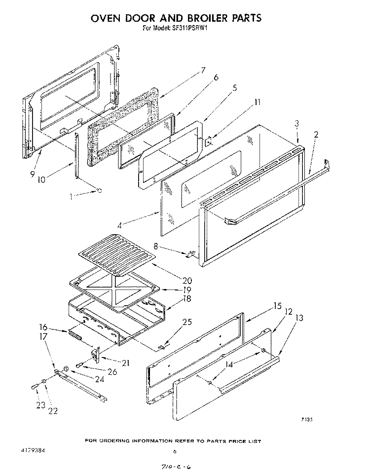 OVEN DOOR AND BROILER Diagram and Parts List for SF311PSRW1  Whirlpool Range