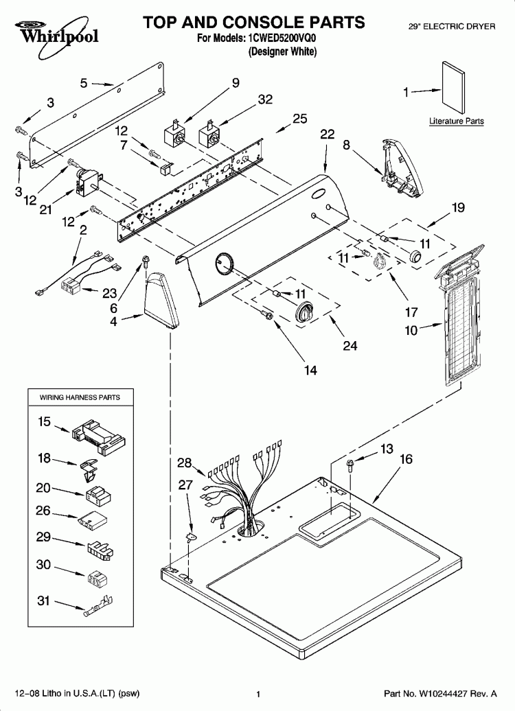 TOP AND CONSOLE PARTS Diagram and Parts List for 1CWED5200VQ0  Whirlpool Dryer