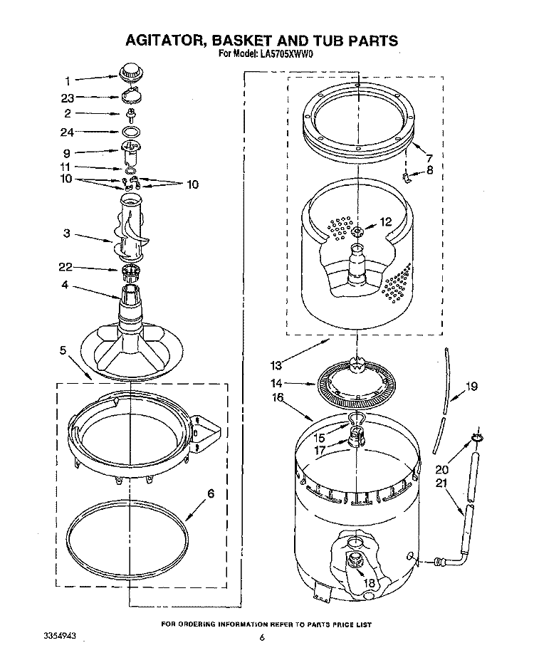 AGITATOR, BASKET AND TUB Diagram and Parts List for LA5705XWN0  Whirlpool Washer