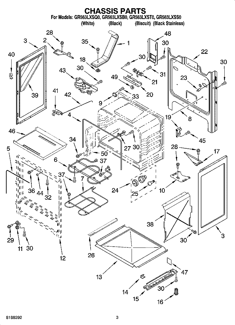 CHASSIS PARTS Diagram and Parts List for GR563LXSB0  Whirlpool Range