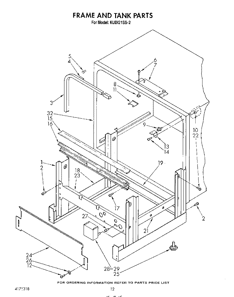 FRAME AND TANK Diagram and Parts List for KUDI21SS2  KitchenAid Dishwasher