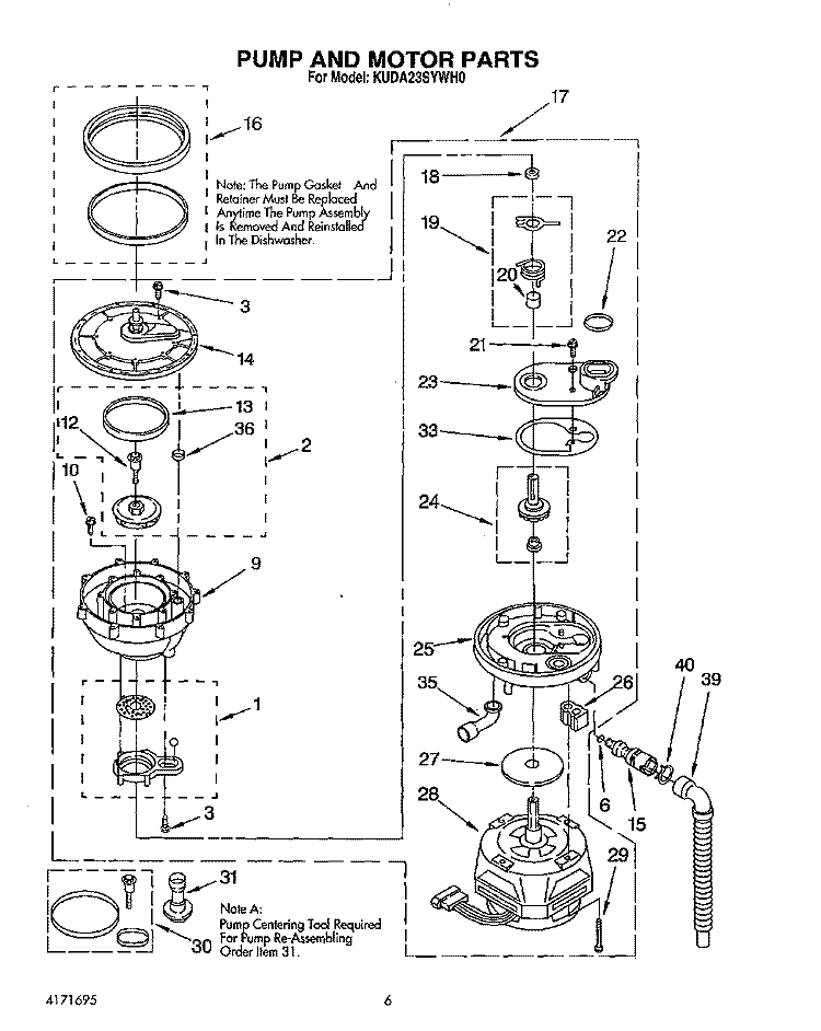 PUMP AND MOTOR Diagram and Parts List for KUDA23SYWH0  KitchenAid Dishwasher