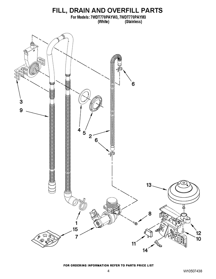 FILL, DRAIN AND OVERFILL PARTS Diagram and Parts List for 7WDT770PAYW3  Whirlpool Dishwasher