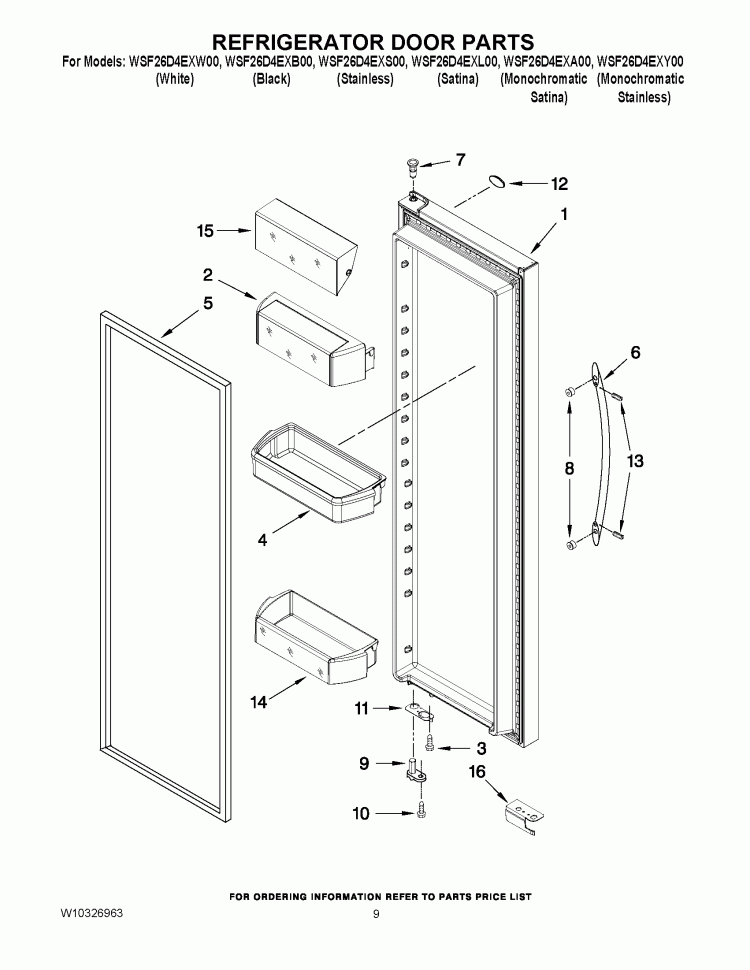 REFRIGERATOR DOOR PARTS Diagram and Parts List for WSF26D4EXA00  Whirlpool Refrigerator