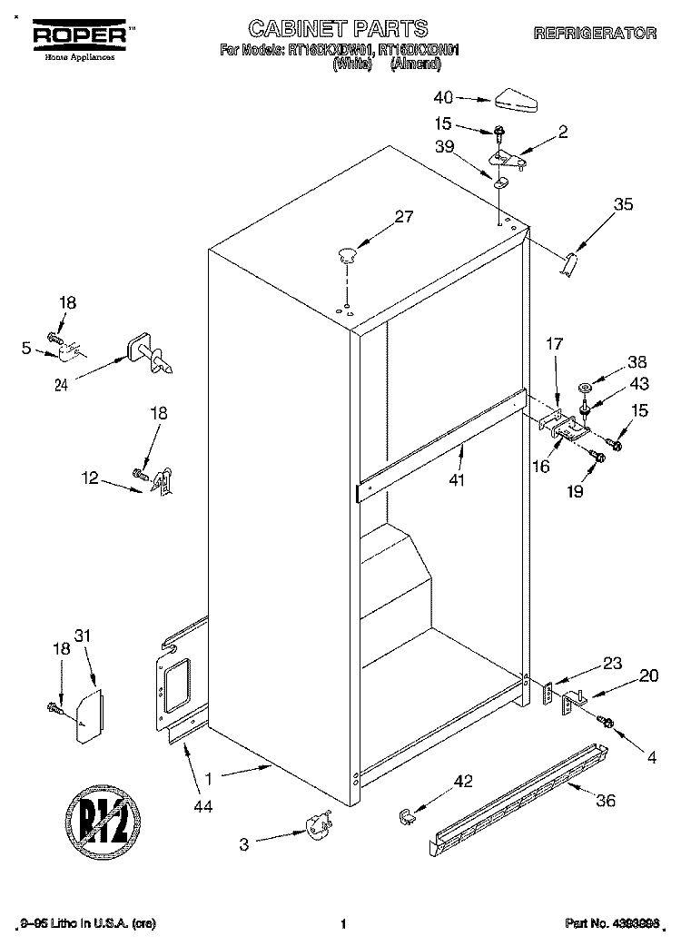 CABINET Diagram and Parts List for RT16DKXDW01  Roper Refrigerator
