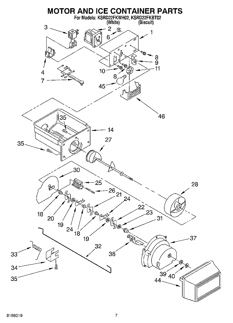 MOTOR AND ICE CONTAINER Diagram and Parts List for KSRD22FKBT02  KitchenAid Refrigerator