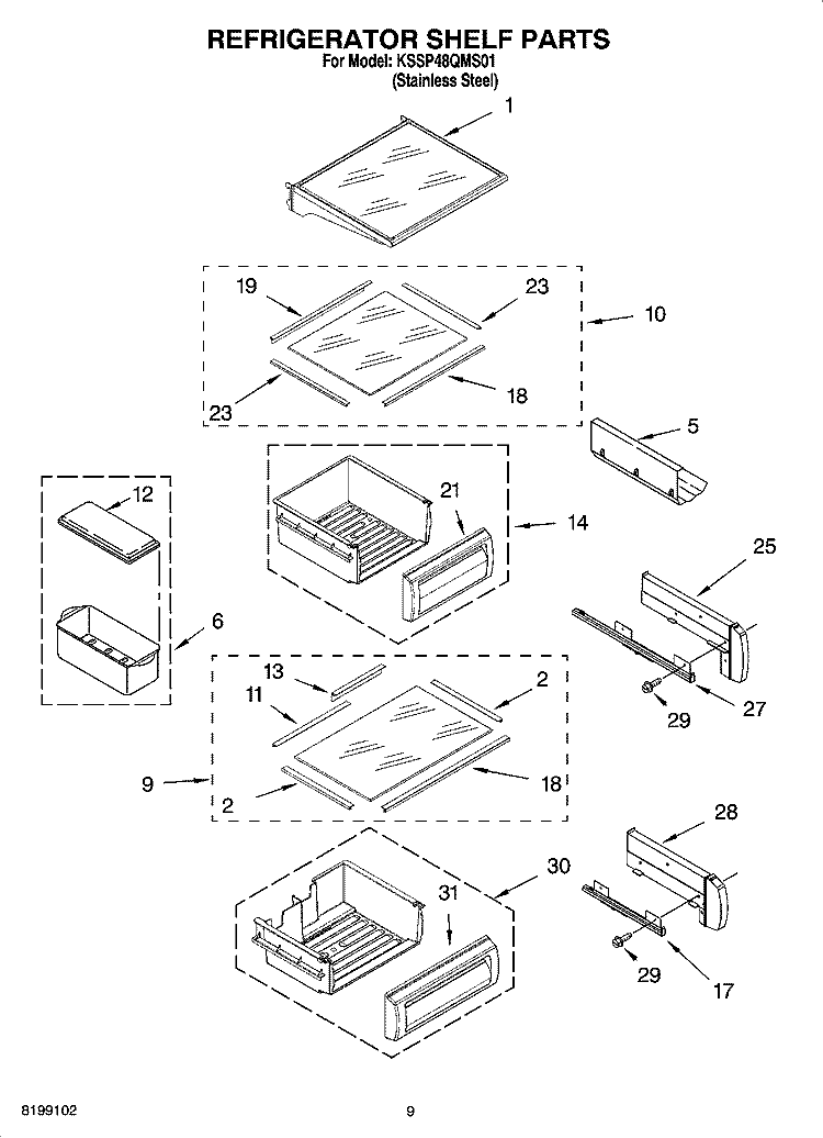 REFRIGERATOR SHELF PARTS Diagram and Parts List for KSSP48QMS01  KitchenAid Refrigerator