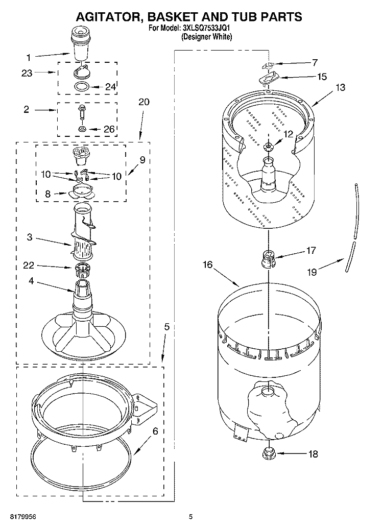 AGITATOR, BASKET AND TUB PARTS Diagram and Parts List for 3XLSQ7533JQ1  Whirlpool Washer