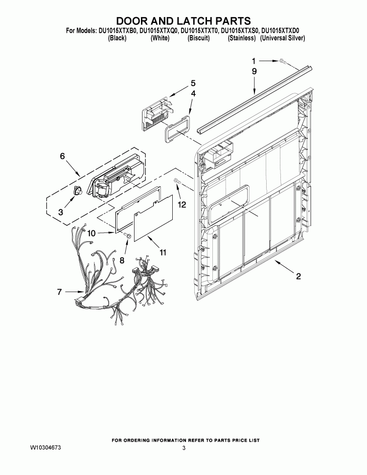 DOOR AND LATCH PARTS Diagram and Parts List for DU1015XTXS0  Whirlpool Dishwasher