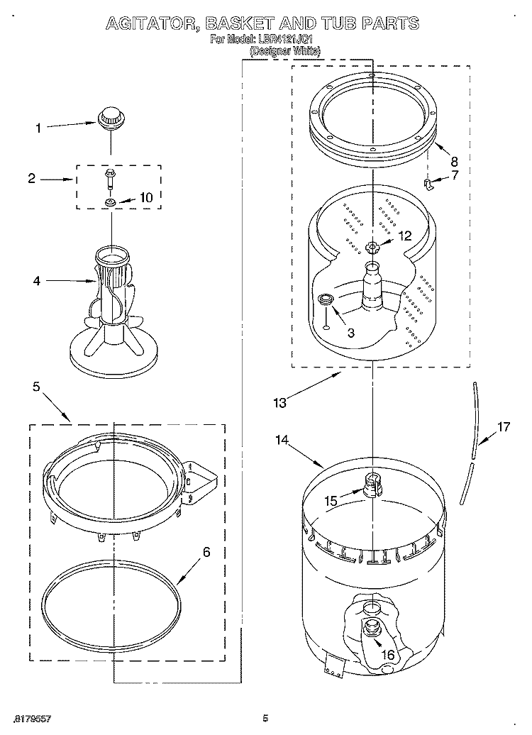 AGITATOR, BASKET AND TUB Diagram and Parts List for LBR4121JQ1  Whirlpool Washer
