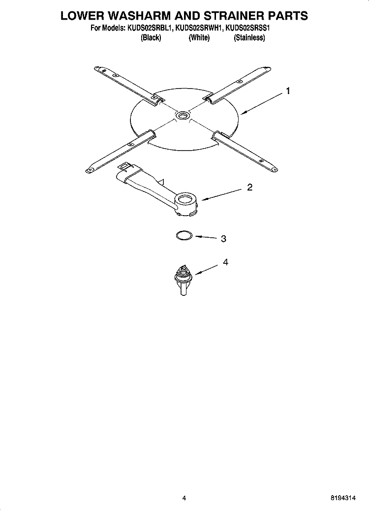 LOWER WASHARM AND STRAINER PARTS Diagram and Parts List for KUDS02SRBL1  KitchenAid Dishwasher