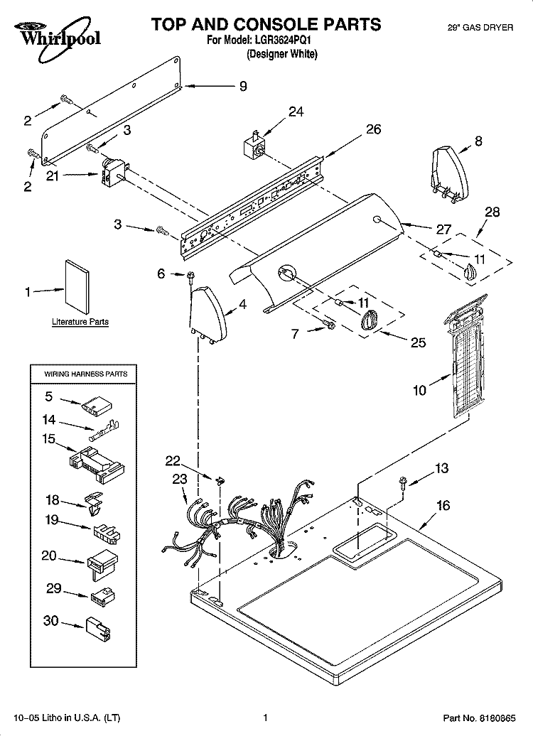 TOP AND CONSOLE PARTS Diagram and Parts List for LGR3624PQ1  Whirlpool Dryer