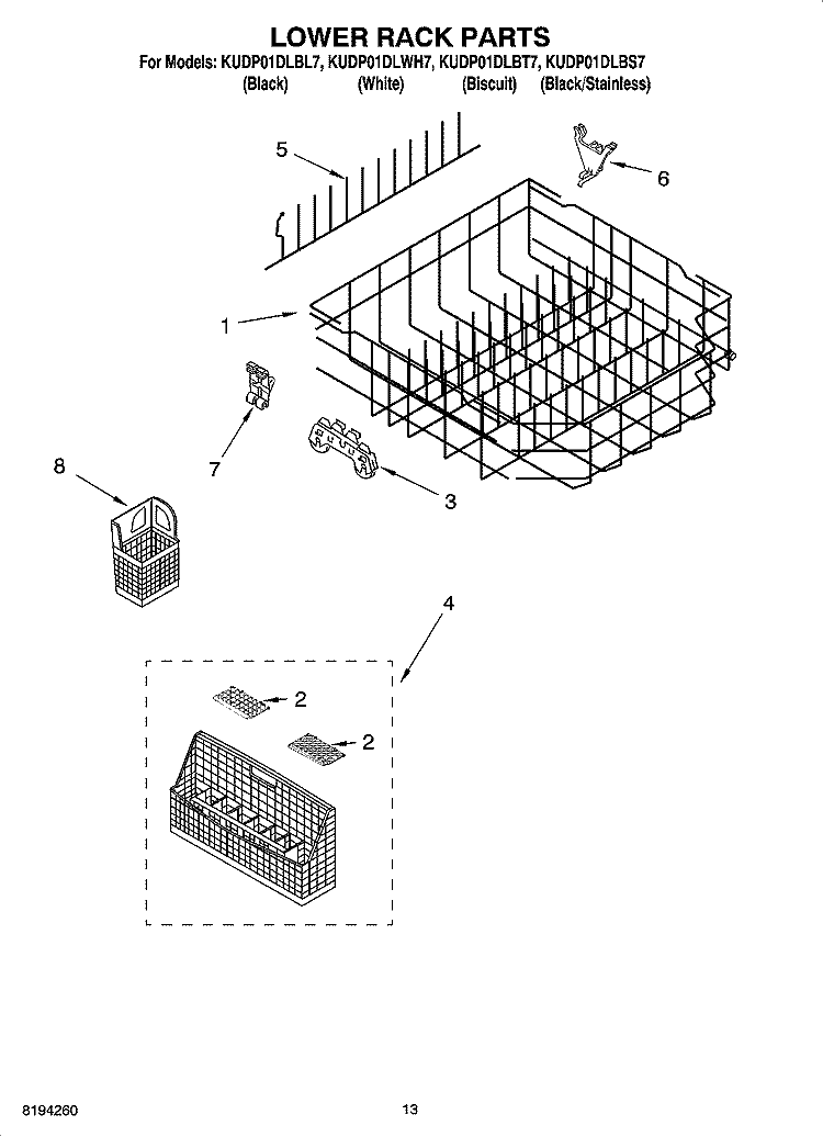 LOWER RACK PARTS Diagram and Parts List for KUDP01DLBL7  KitchenAid Dishwasher