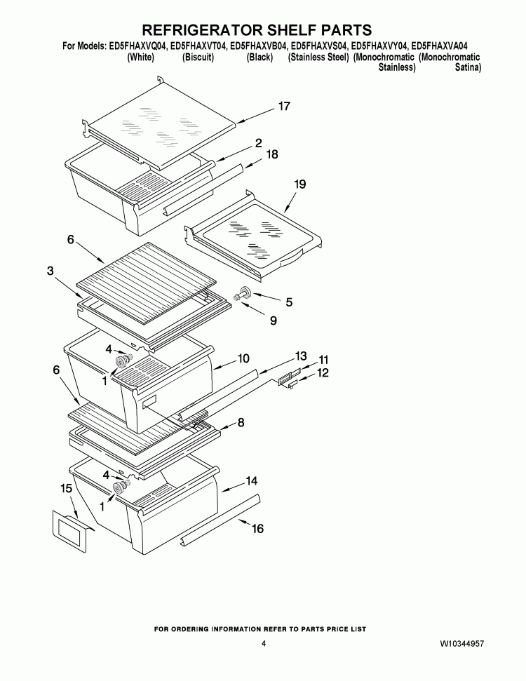 REFRIGERATOR SHELF PARTS Diagram and Parts List for ED5FHAXVA04  Whirlpool Refrigerator