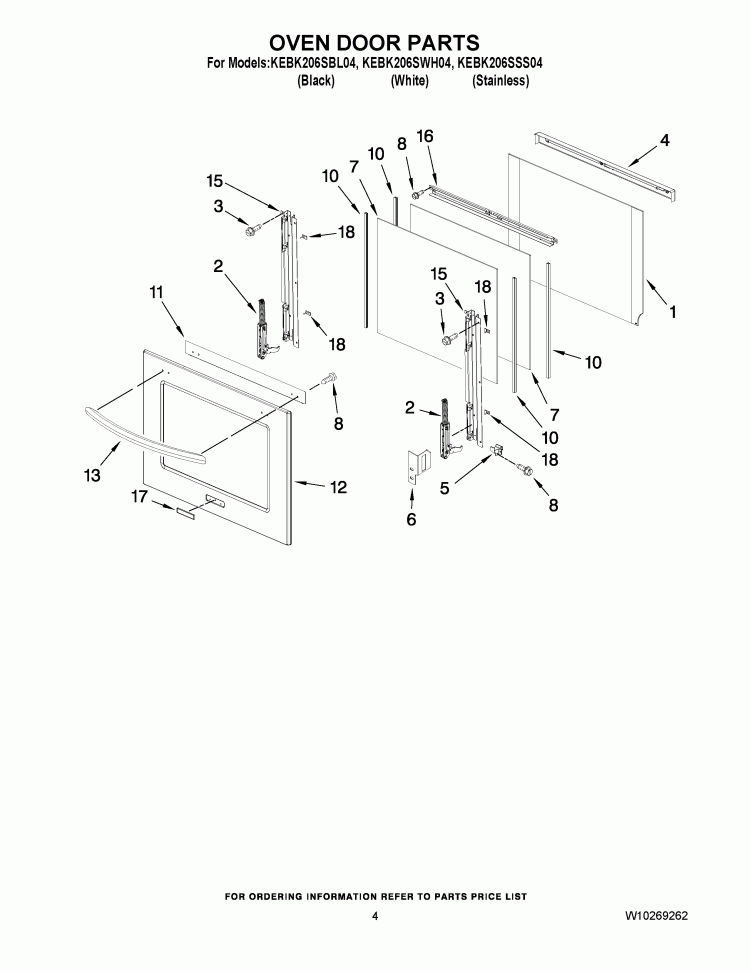 OVEN DOOR PARTS Diagram and Parts List for KEBK206SBL04  KitchenAid Wall Oven
