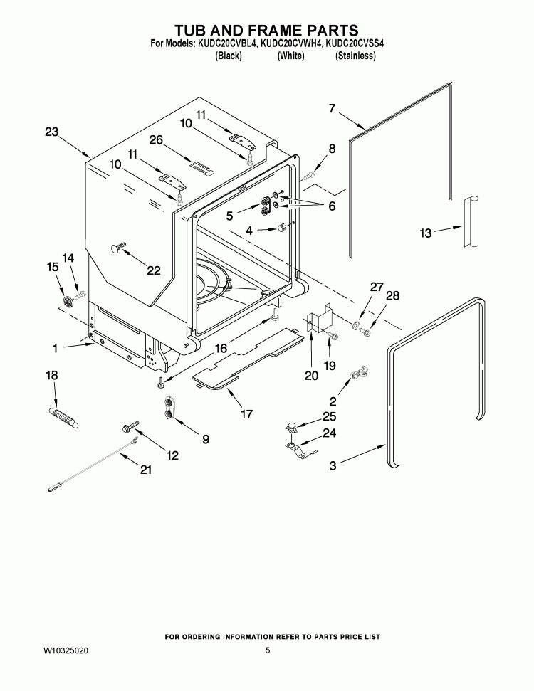 TUB AND FRAME PARTS Diagram and Parts List for KUDC20CVSS4  KitchenAid Dishwasher