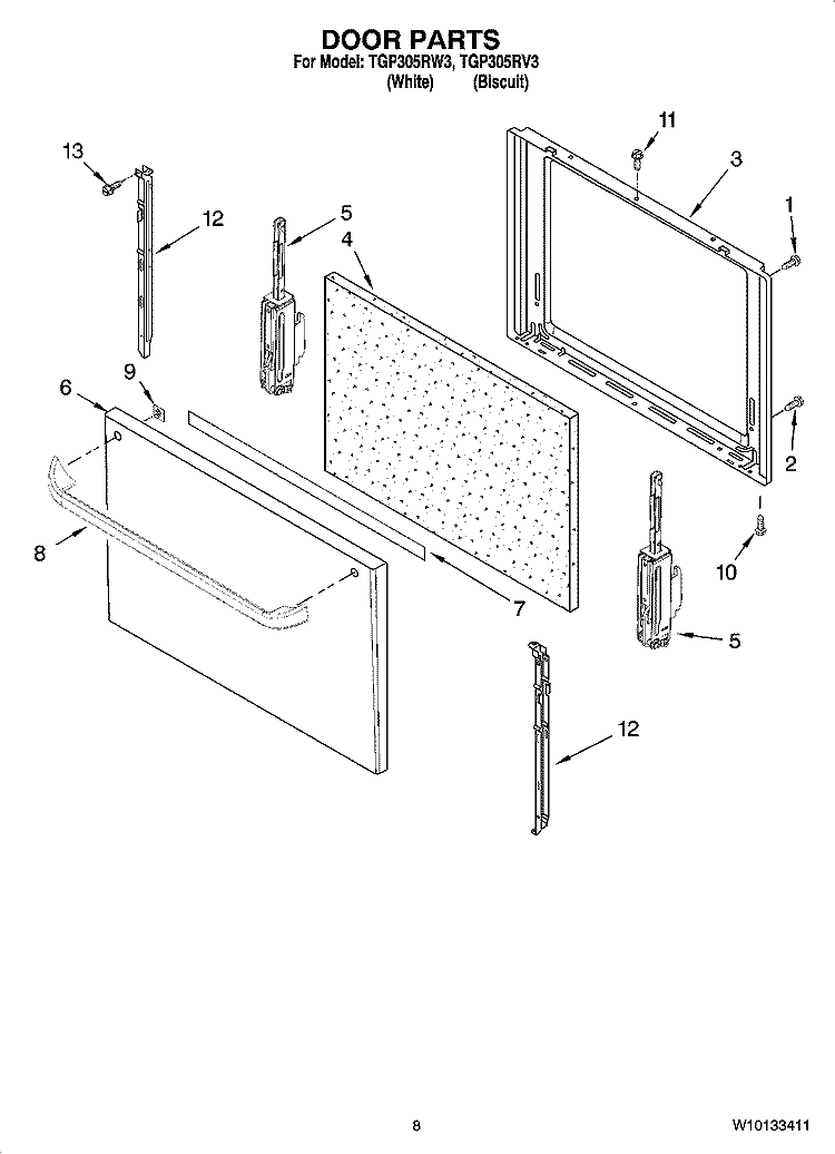 DOOR PARTS, OPTIONAL PARTS Diagram and Parts List for TGP305RW3  Estate Range