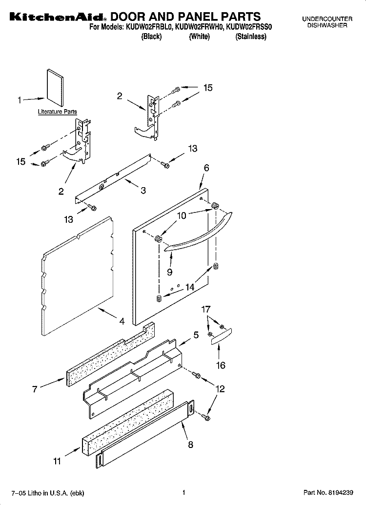 DOOR AND PANEL PARTS Diagram and Parts List for KUDW02FRWH0  KitchenAid Dishwasher