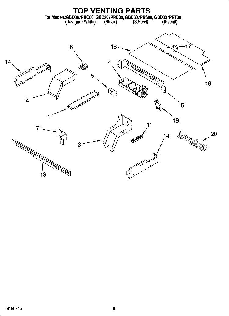 TOP VENTING PARTS, OPTIONAL PARTS Diagram and Parts List for GBD307PRS00  Whirlpool Wall Oven