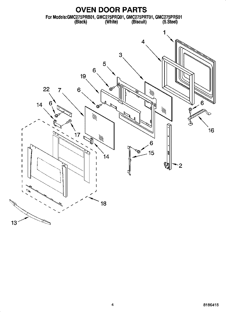OVEN DOOR PARTS Diagram and Parts List for GMC275PRQ01  Whirlpool Microwave Oven Combo