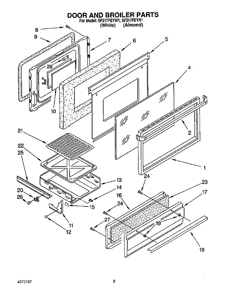 DOOR AND BROILER Diagram and Parts List for SF317PEYN1  Whirlpool Range