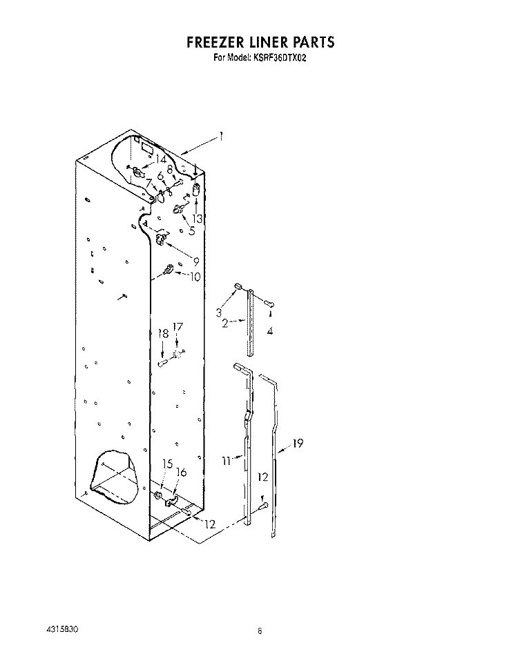 FREEZER LINER Diagram and Parts List for KSRF36DTX02  KitchenAid Refrigerator